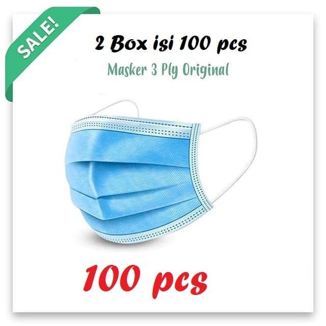 Masker 3 Ply isi 2 Box isi100 Pcs Earloop 3 lapis Face Mask