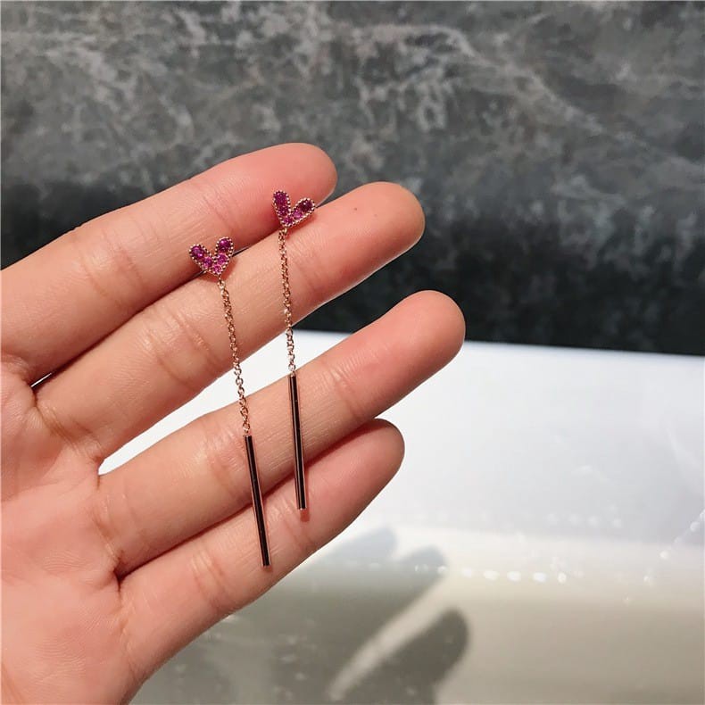 Anting Tusuk Model Hati Panjang Aksen Zirkon Untuk Wanita