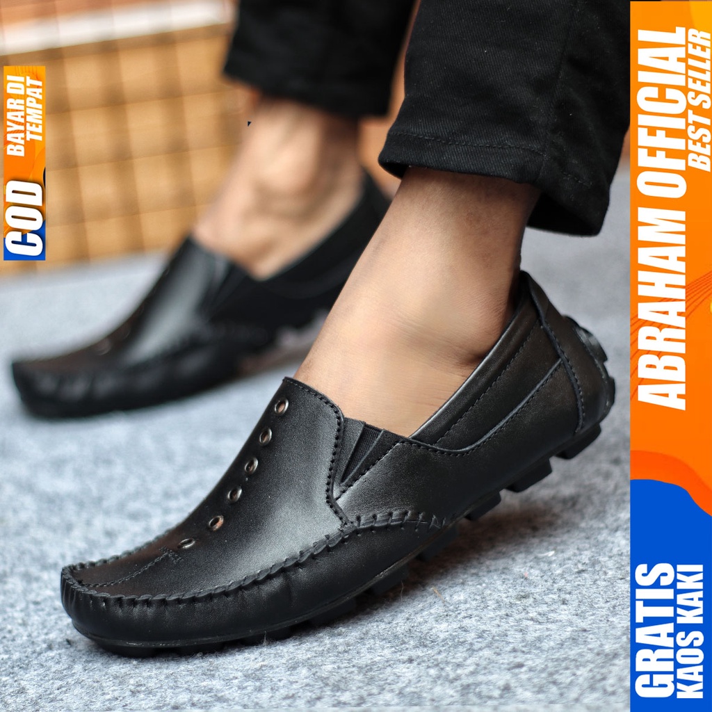 Sepatu Casual Pria Formal Slip On Pantofel Kulit Asli Kerja Kantor Kondangan Kuliah Hitam Fashion Shoes Terbaru Murah Kekinian Original DEON ABRAHAM