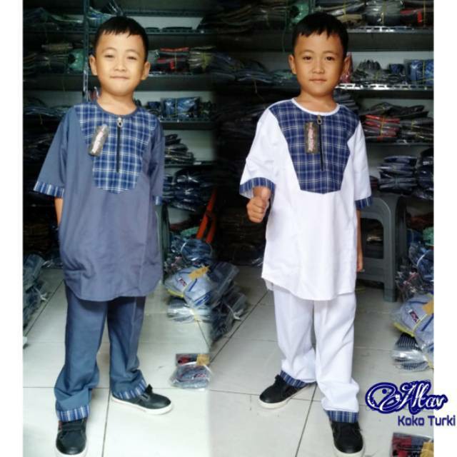 Koko Turki Anak Grade Premium / KOKO tOYOBO / Setelan Koko Anak Putih dan Abu 4-12 tahun