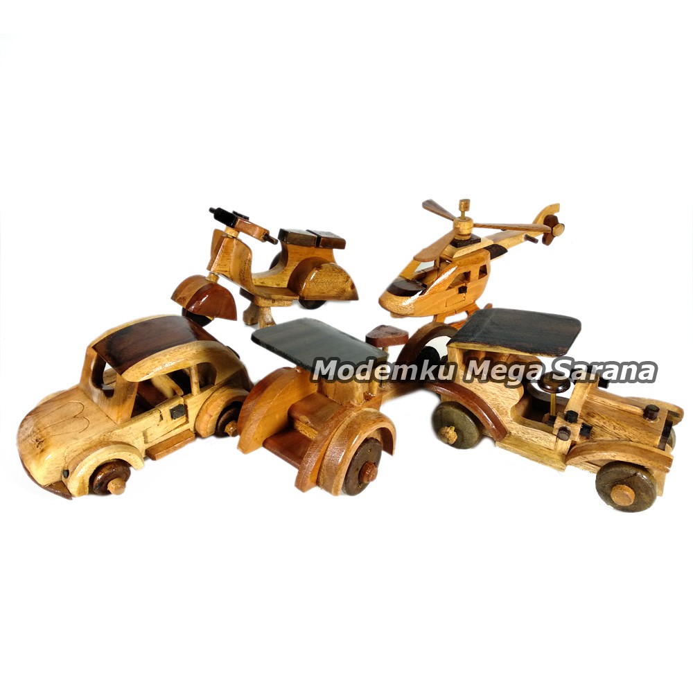 Paket Mini Isi 5pcs - Miniatur Dari Kayu VW Kodok Ontran Helikopter Becak Vespa