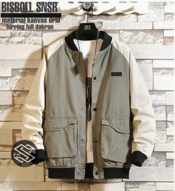 Jaket Bomber Baseball Pria Dewasa Jaket Bomber Kombinasi Cream