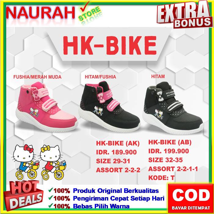 SEPATU ANDO ANAK HELLO KITTY HK BIKE SNEAKERS ANAK 100% ORIGINAL KUALITAS IMPORT AWET SOL ANTI SLIP NYAMAN EMPUK