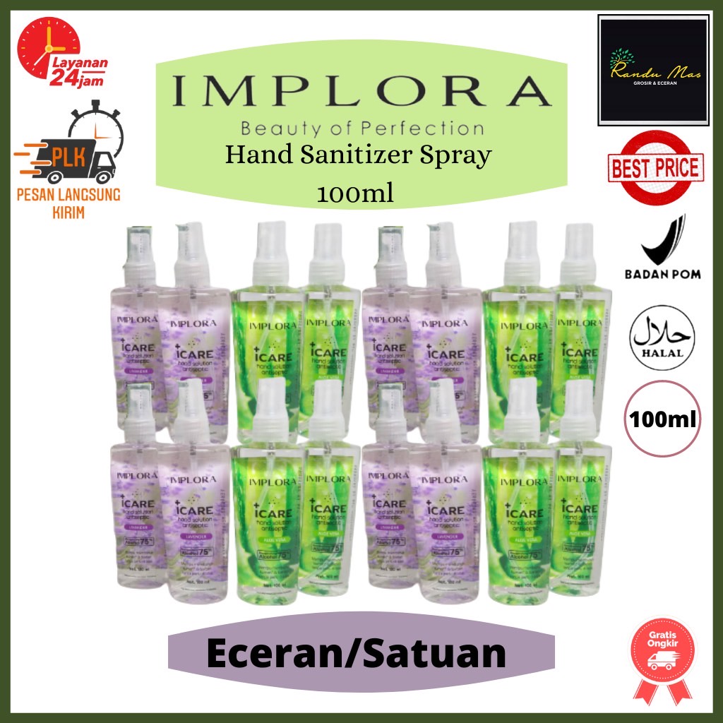 Hand Sanitizer Spray Implora Icare Hand Solution Antiseptic Semprot Lavender/AloeVera 100 ml Aroma Harum