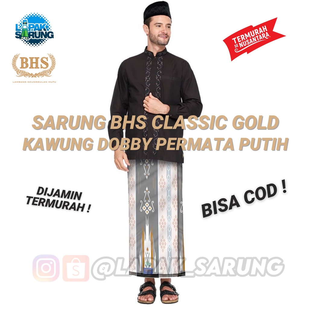 Sarung BHS Classic Gold Motif Kawung Dobby Permata Putih Orange | KDP 3