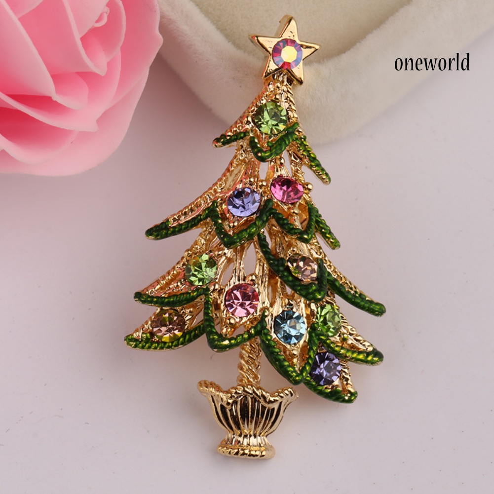 OW@ Vintage Women Rhinestone Inlaid Christmas Tree Brooch Pin Lapel Clip Xmas Gift