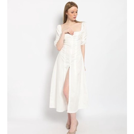 Savana Beachwear - LORAINNE DRESS putih wanita midi dress a line puff sleeve korea fashion