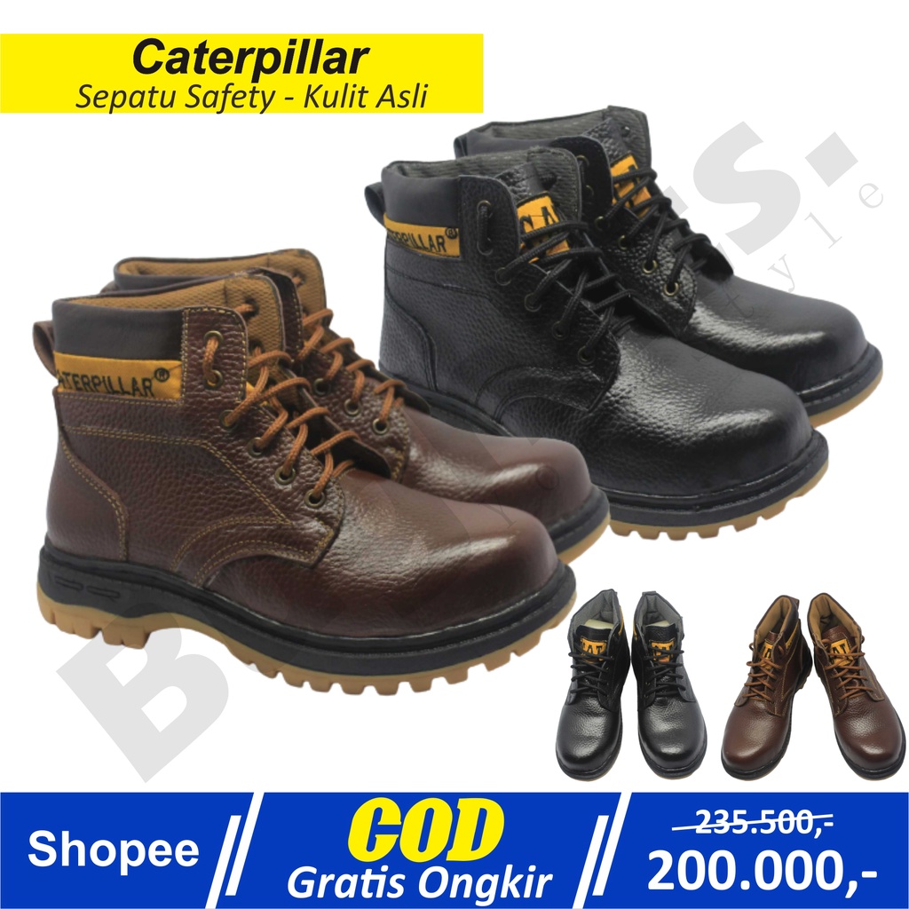 Sepatu Safety Boots Caterpillar KULIT ASLI Warna Hitam & Coklat