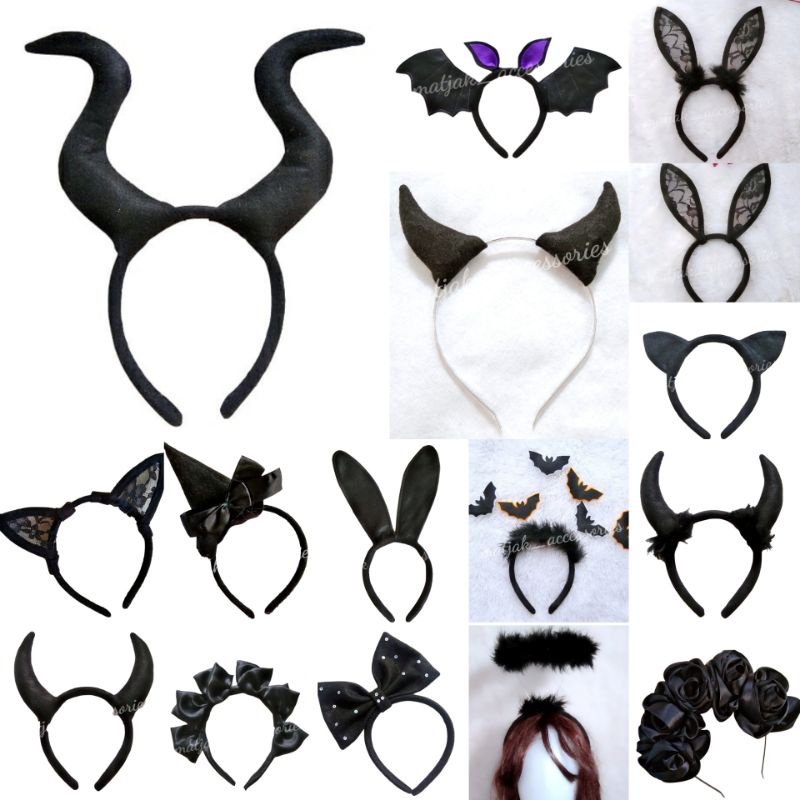 Halloween Hitam Bando Halloween Maleficent Tongkat Ekor Devil Iblis Bunny Kelinci Witch Hat Topi Penyihir Angel Batwing Bunny Kelinci Renda Pita Ekor Bando Halloween Kostum Pesta