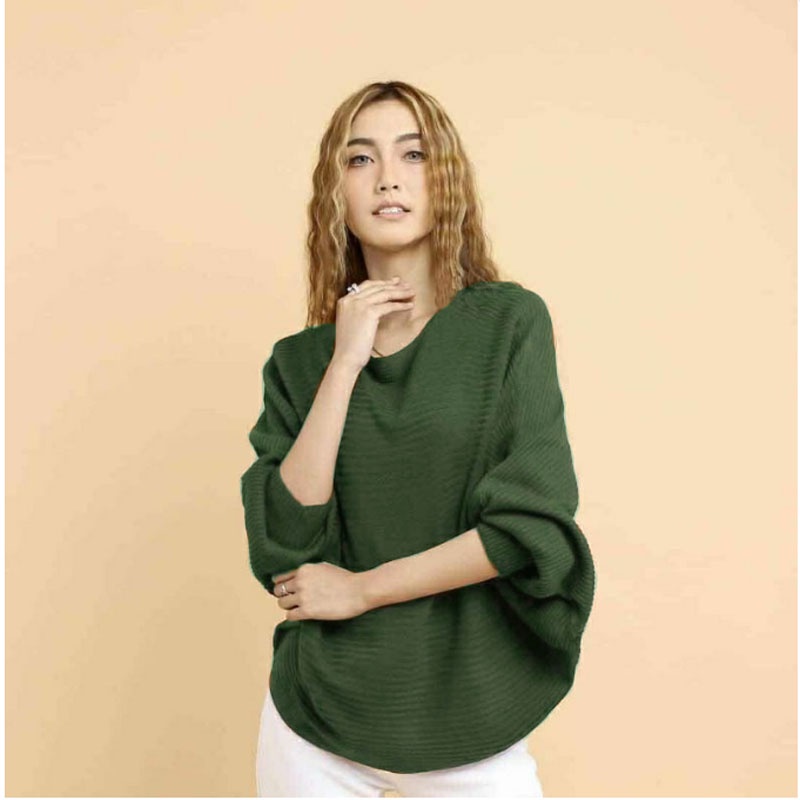 Atasan Rajut Jumbo Wanita Outerwear Blouse Batwing Oversize Lasperal Knit Prily Batwing Kalong Monochrome-Army