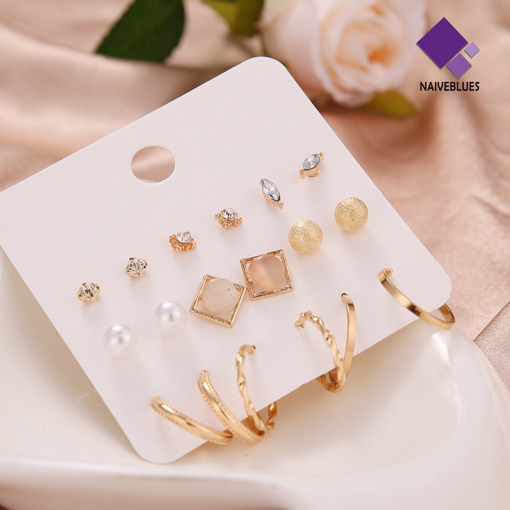 9 Pasang Anting Stud Mutiara Berlian Imitasi Bentuk Geometris Untuk Wanita