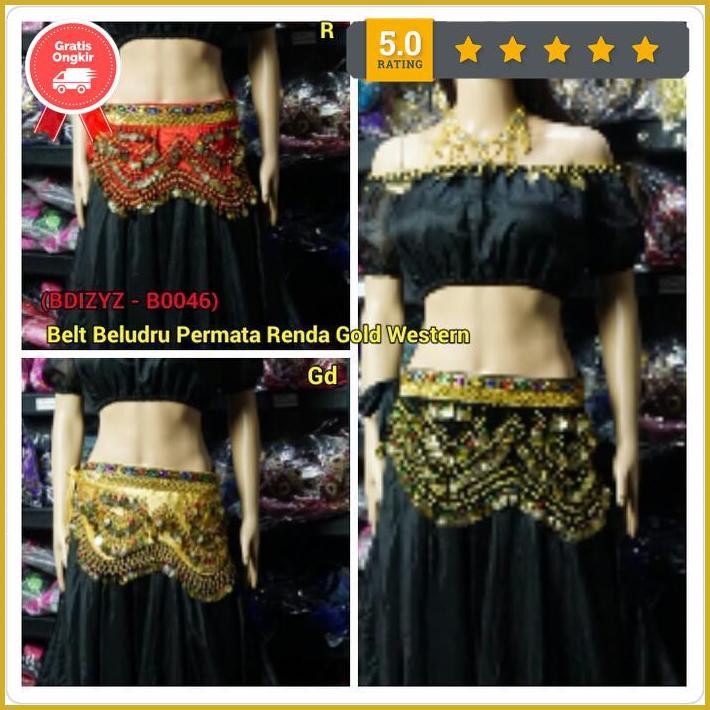 Belly Dance Belt Beludru Renda Gold Western - Emas Premium