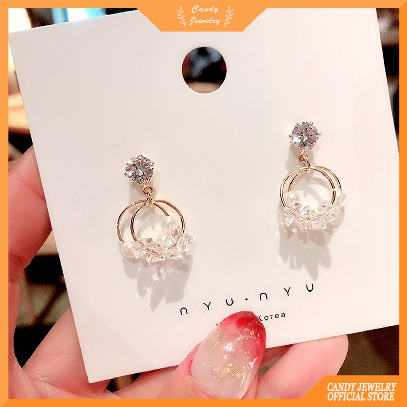 Anting Stud 925 Silver Needle Bentuk Lingkaran Geometris Aksen Mutiara Kristal Gaya Korea Untuk Wanita