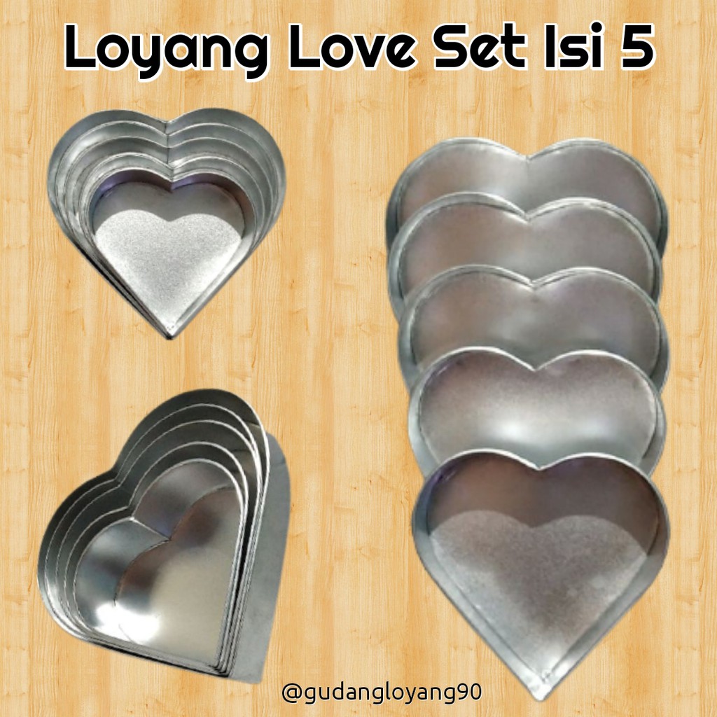 LOYANG LOVE SUSUN 5 SET ALUMINIUM LOYANG BOLU LOYANG BENTUK HATI