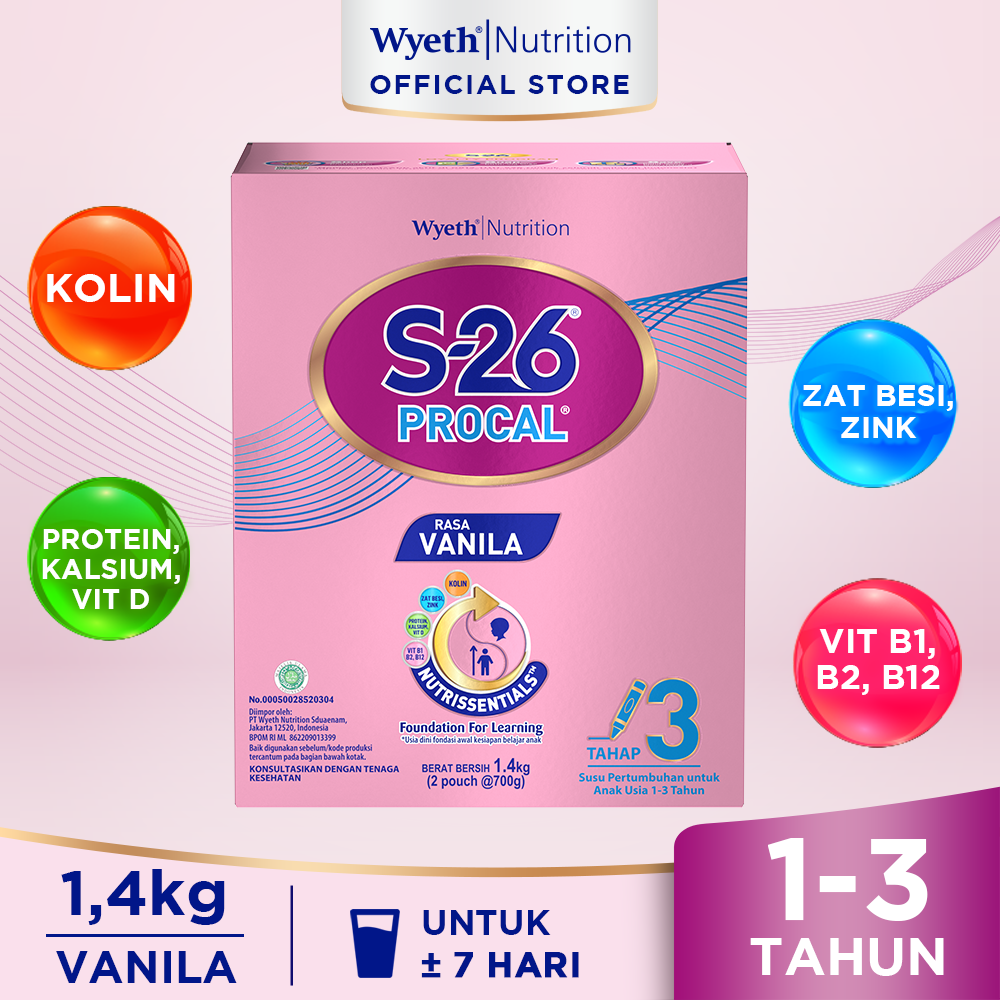 S-26 Procal Tahap 3 Vanila Susu Pertumbuhan Anak Usia 1-3 Tahun, Kotak 1400 gr