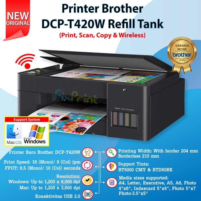 Printer Brother DCPT520W DCP T520 WiFi Print Scan Copy Tinta D60Bk BT5000 Wireless