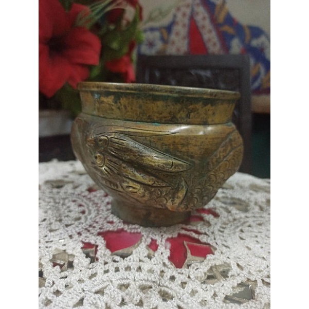 Mangkok Naga timbul kuno kuningan tua tebal&berat barang antik Langka