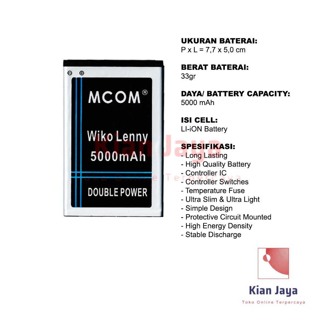 MCOM Baterai Hp Wiko Lenny Original Double Power Batre Batrai Battery Ori