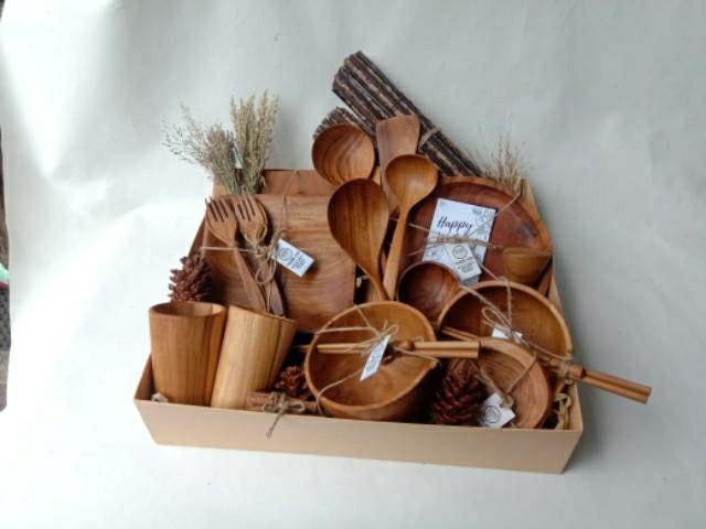 Piring Kayu Dinner Set Wadah Saji Makanan Properti Foto Produk Sendok Garpu Mangkok Nampan Tray Kayu