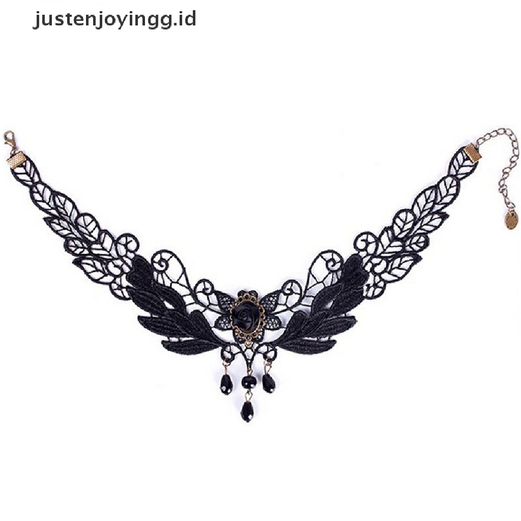 Kalung Choker Liontin Manik-Manik Mawar Hitam Bahan Lace Untuk Wanita