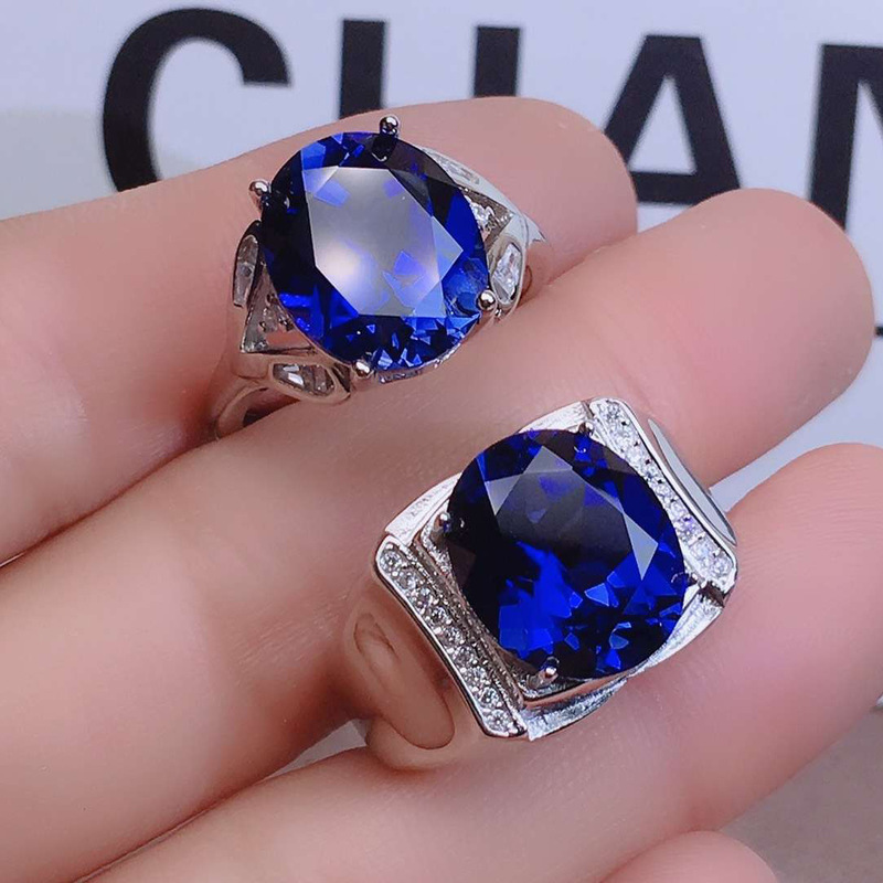 Cincin Pasangan Berlian Baja Titanium Safir Perak Pria Wanita Fashion Pernikahan Kristal Biru Couple Rings