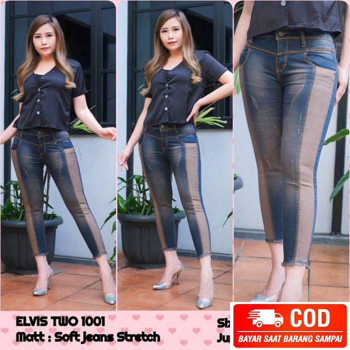 Celana Wanita Baggy Jeans Boyfriend Saku Skinny Kekinian Wash / B BR307 Jeans Elvis Two Tone Lightbl