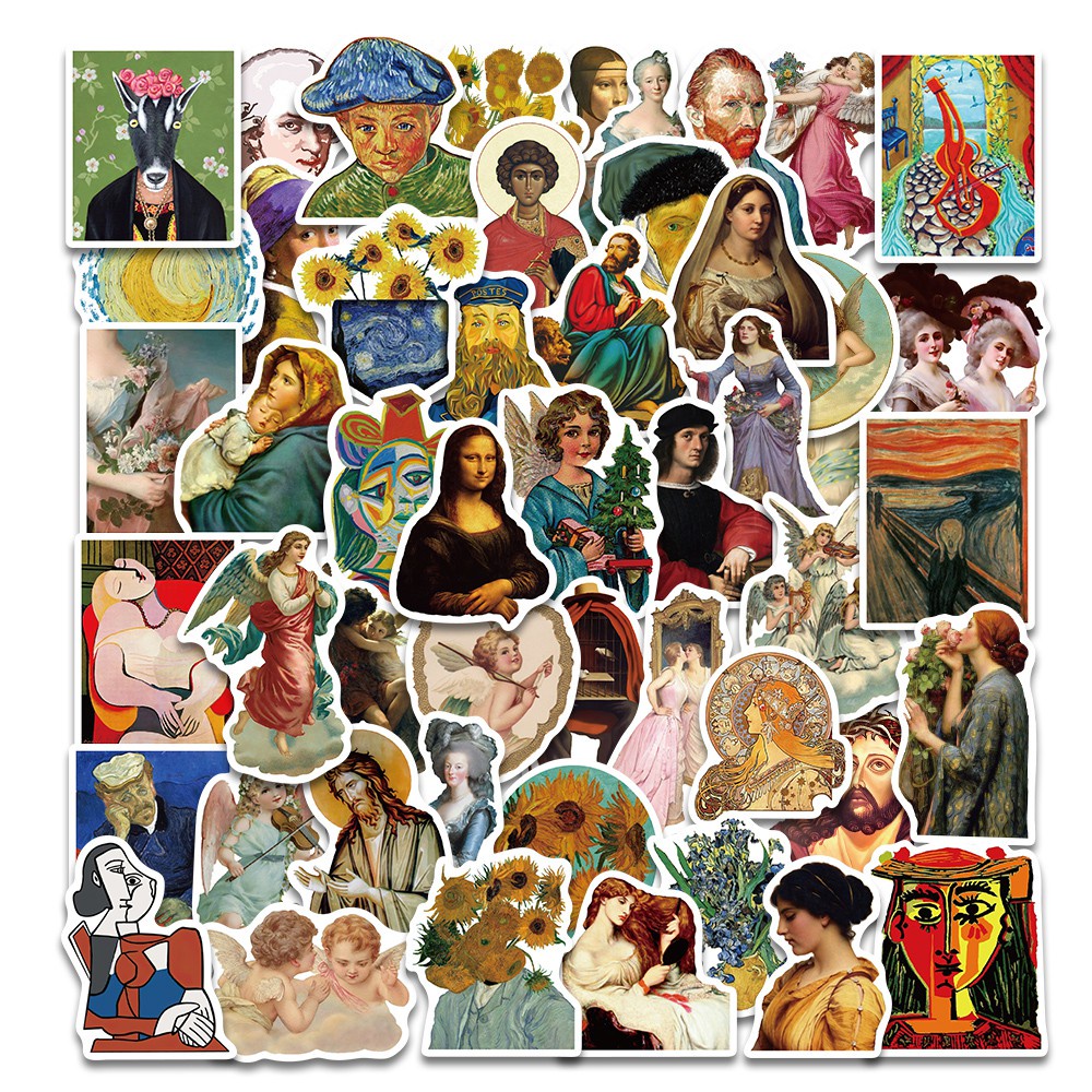 50PCS Famous painting stickers Van Gogh Oil Painting Pattern Mona Lisa world masterpiece cool laptop decoration sticker