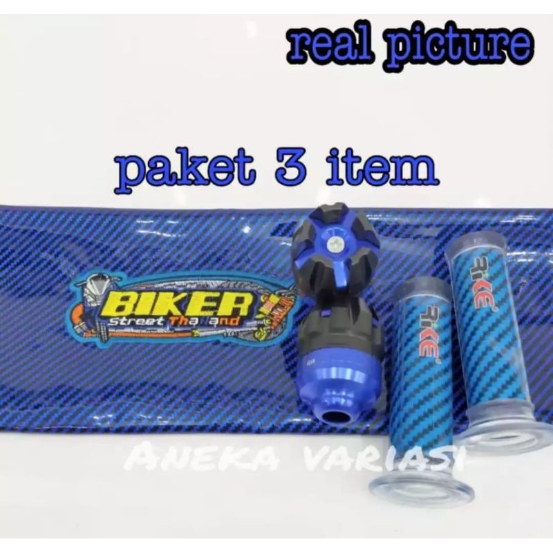 (paket biru)sarung kulit jok bikers+handgrip Rike carbon+Jalu as depan biru