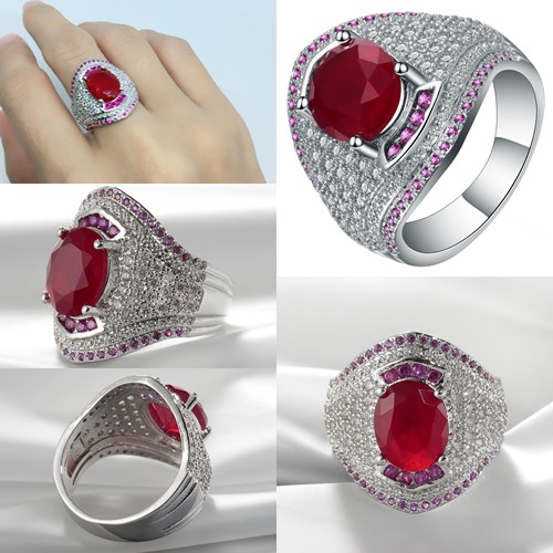 Cincin Lapis Emas Putih Besar Batu Merah Pinggir Fuschia Mewah - BR224