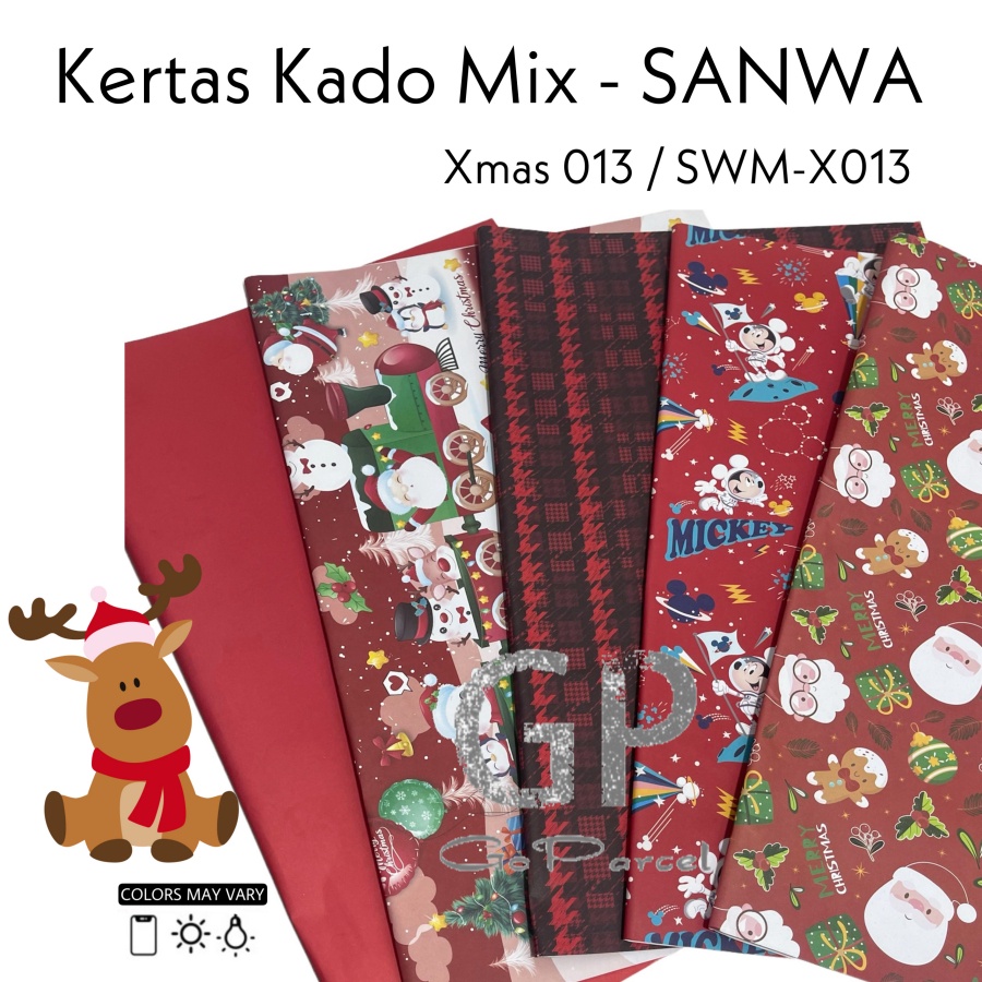 ( 5 Lembar 5 Motif ) NATAL MIX SANWA - KERTAS KADO - GIFT WRAP SANSAN WAWA XMAS MERRY CHRISTMAS BUNGKUS RED GREEN WHITE STAR