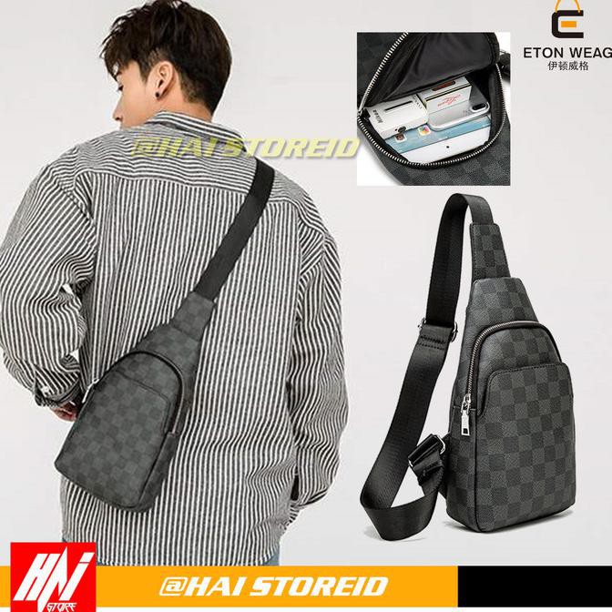 PROMO Tas Selempang Slingbag Tas Bahu Pria Bahan Kulit Motiv Tas LV Branded - Hitam |Tas Selempang