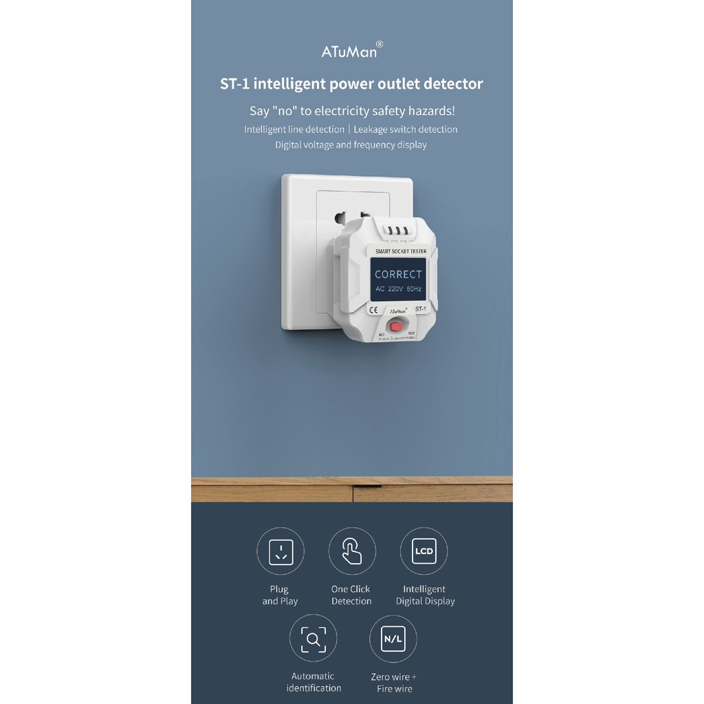 ATUMAN ST-1 - Smart Socket Power Outlet Detector - UK Plug - Alat Deteksi Kebocoran Listrik