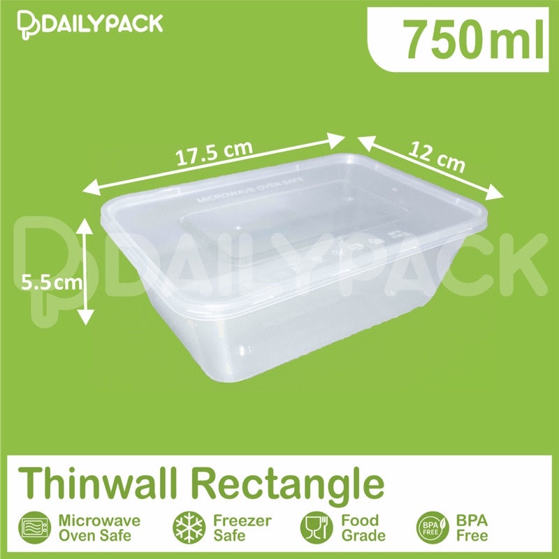 Thinwall RECTANGLE 750 ml + Tutup / PERSEGI PANJANG / Kotak Makan Plastik / Food Container