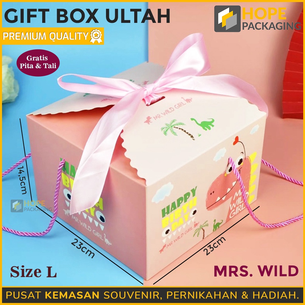 Gift box  Ulang Tahun Anak Motif Macan Dino Fancy bunga Navy / Hampers Happy birthday Plus Pita  Hadiah / Kotak pink navy hijau tosca