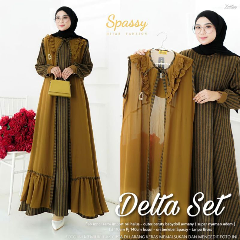 Gamis Set Inner dan Outer Terbaru Kekinian, Long Dress Wanita Muslimah Terbaru Elegan Simple DELTA b