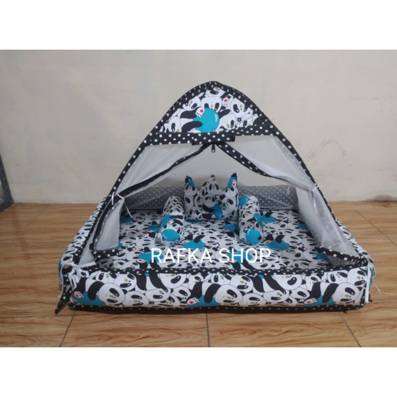 KASUR BAYI TENDA KELAMBU TERPISAH PANDA HITAM + BANTAL MAHKOTA + TAS MIKA