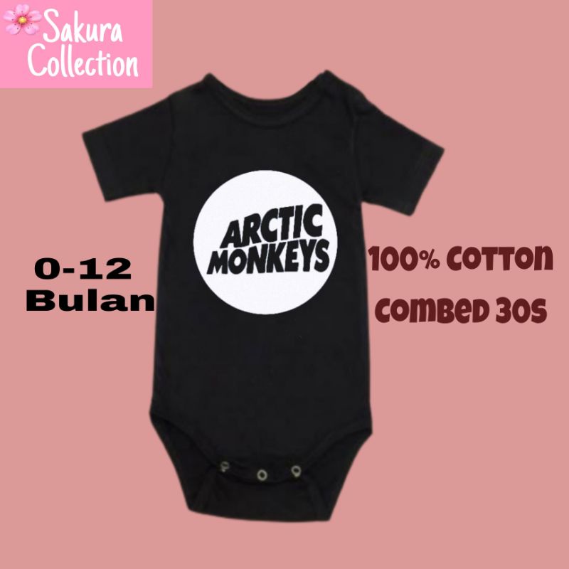 Kaos baju bayi jumper baby kids pendek band ARCTIC MONKEYS rock punk metal logo tulisan usia 0 1 2 3 4 5 6 7 8 9 10 11 12 bulan sampai umur 1 tahun adem jumpsuit babysuit romper bodysuit anak kecil hitam style laki laki perempuan unisex nyaman lembut