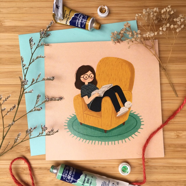 

Kartu ucapan watercolor lucu - girl chair reading by Mentol Art