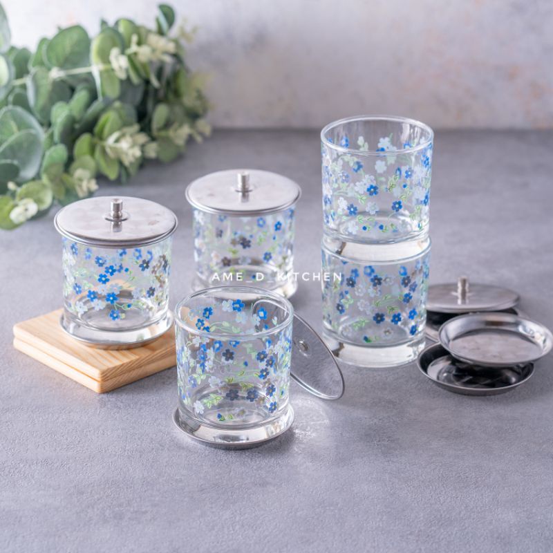 Sale gelas kaca isi 5 motif bunga biru + tatakan dan tutup stenliss