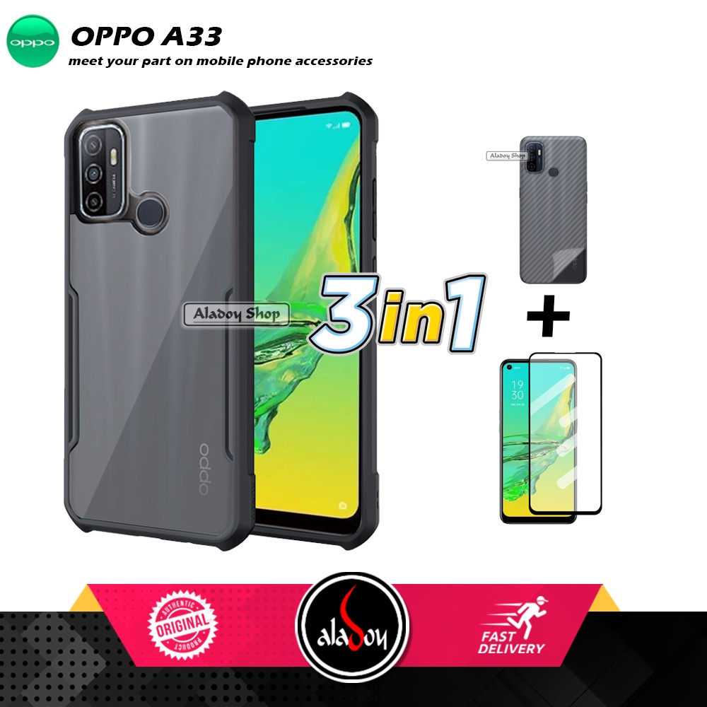 Case Oppo A33 Armor Fushion Transparent Casing + Tempered Glass Full Layar dan Skin Carbon