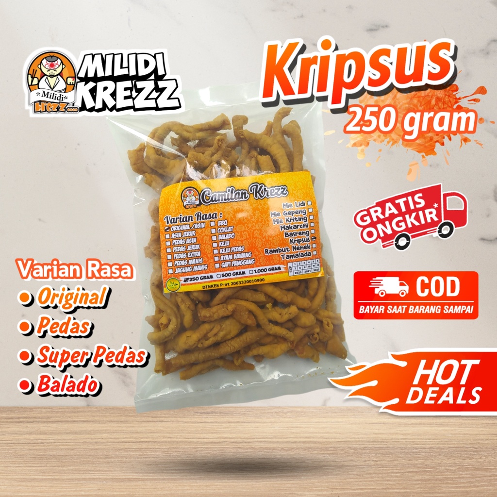 

Kripsus 250 Gram Kripik Usus Ayam Cemilan Pedas Milidikrezz