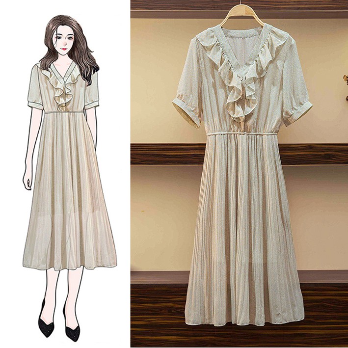 HQK-11 dress high quality import korea jepang cream khaki vintage midi dress wanita