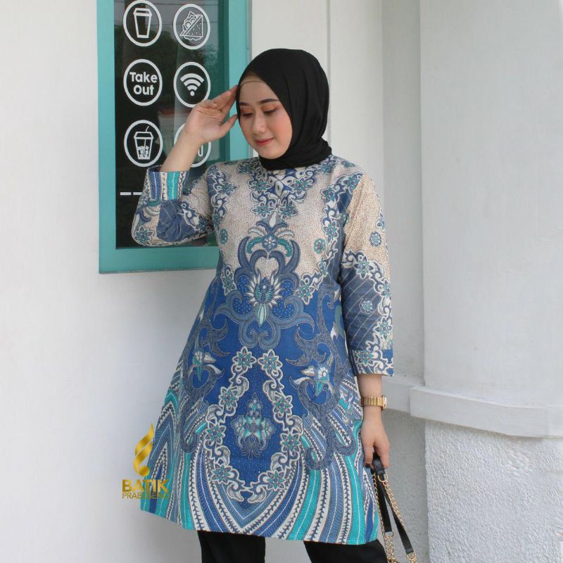 Baju Batik Wanita Prabuseno Tunik Cewek Modern Premium Motif Mecca Biru Katun Printing Handmade Lapi