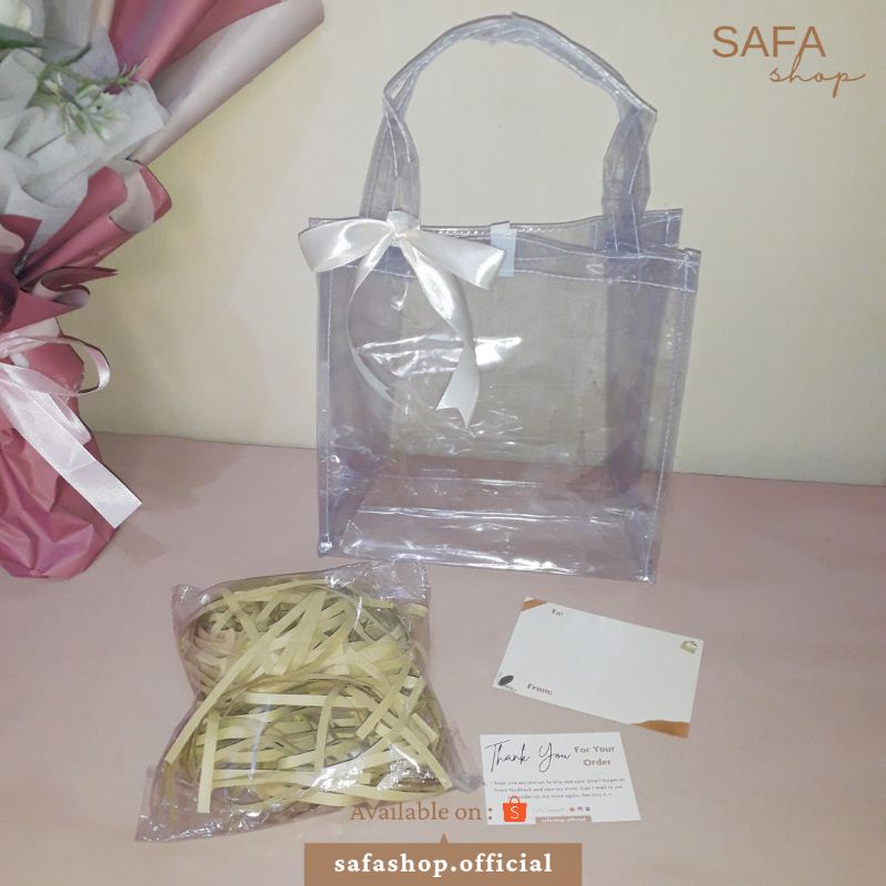 

[FREE BLANK CARD] Paket Lengkap Tas Transparant 20x10x20cm + Pita + Kertas Cacah Aesthetic / Tas Souvernir / Tas Kado Bingkisan by Safa Shop Bogor