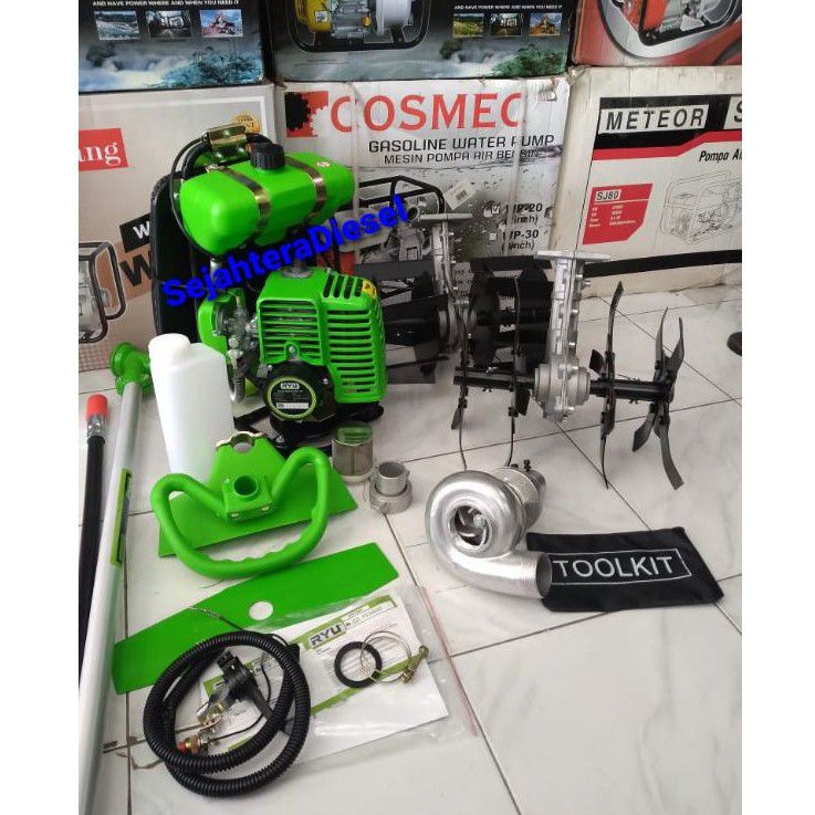 Paket(4in1)Mesin potong rumput RYU2tak+(2Set)Cultivator bajak+Pompa WP10