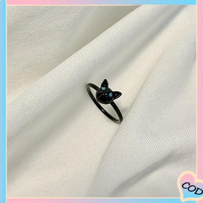 COD❤️ Cincin Kucing Hitam Wanita Trendi Desain Niche Cincin Jari Telunjuk Fashion Kepribadian Cincin-A.one