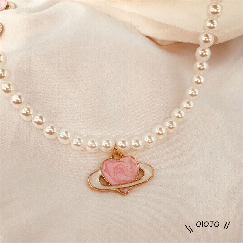 【COD】Kalung Rantai Dengan Liontin Hati + Planet Warna Pink Untuk Wanita