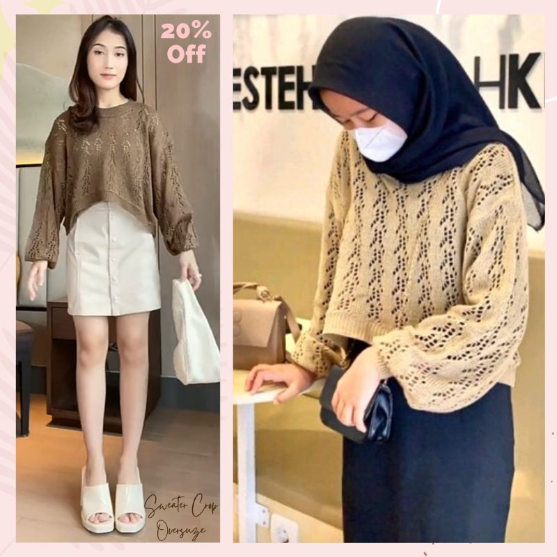 Ester Sweater Crop Jaring top Korean Oversize Blouse Outer Rajut Lengan Balon
