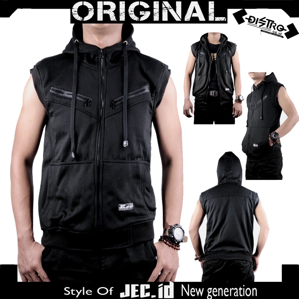 JEC Rompi Hoodie Pocket Zipper Hitam Sporty Full Premium | Tanpa Lengan