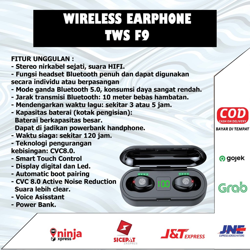 Earphone Headset Bluetooth TWS F9 Waterproof True Wireless Sport LED Display Touch Sensor Original